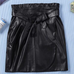 Belted Paperbag Waist PU Leather Skirt